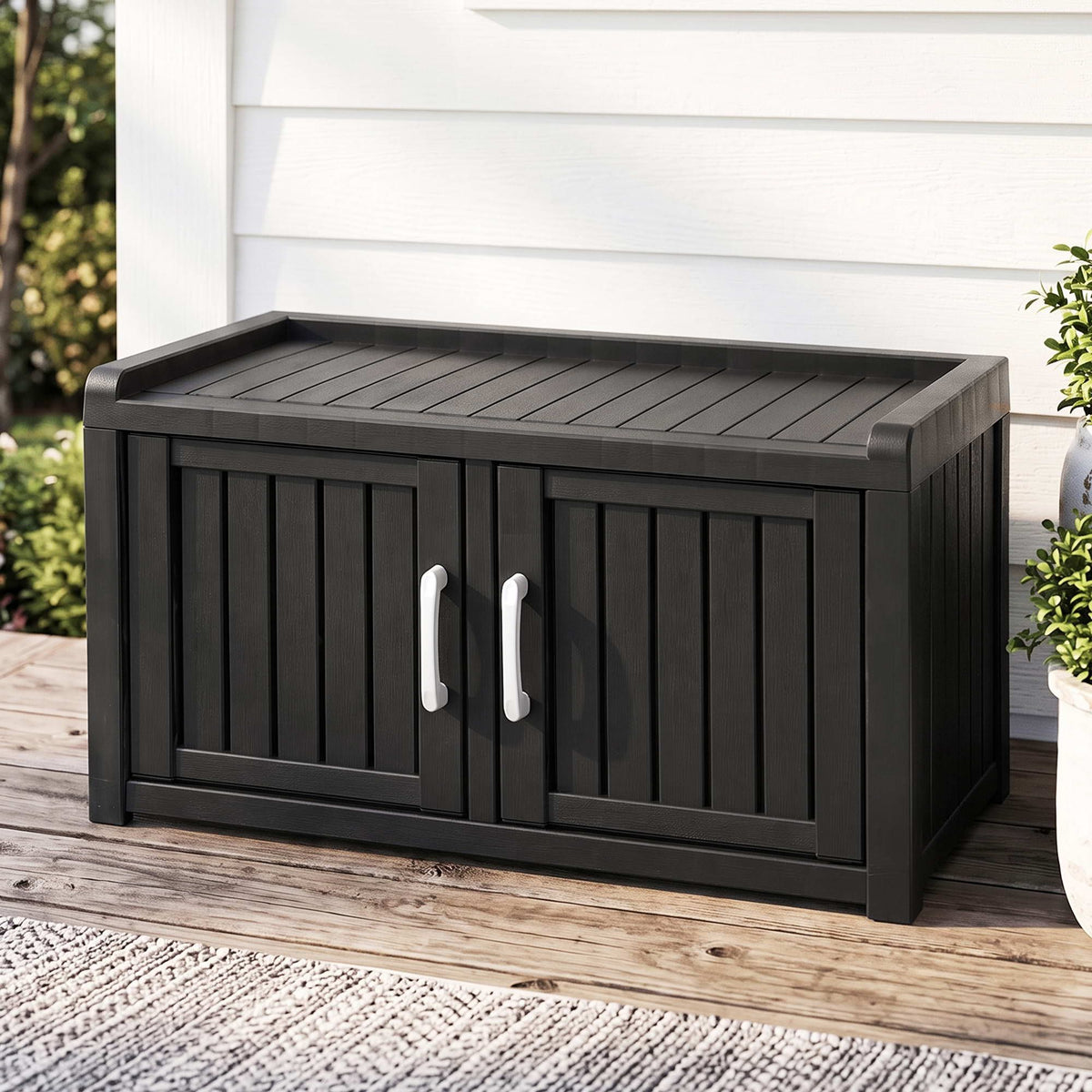 Outdoor Storage Bench with Double Door Shoe Cabinet and Shelf 81cm - Black
