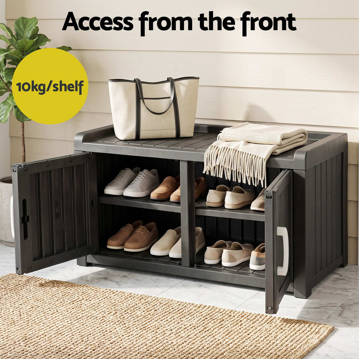 Outdoor Storage Bench with Double Door Shoe Cabinet and Shelf 81cm - Black