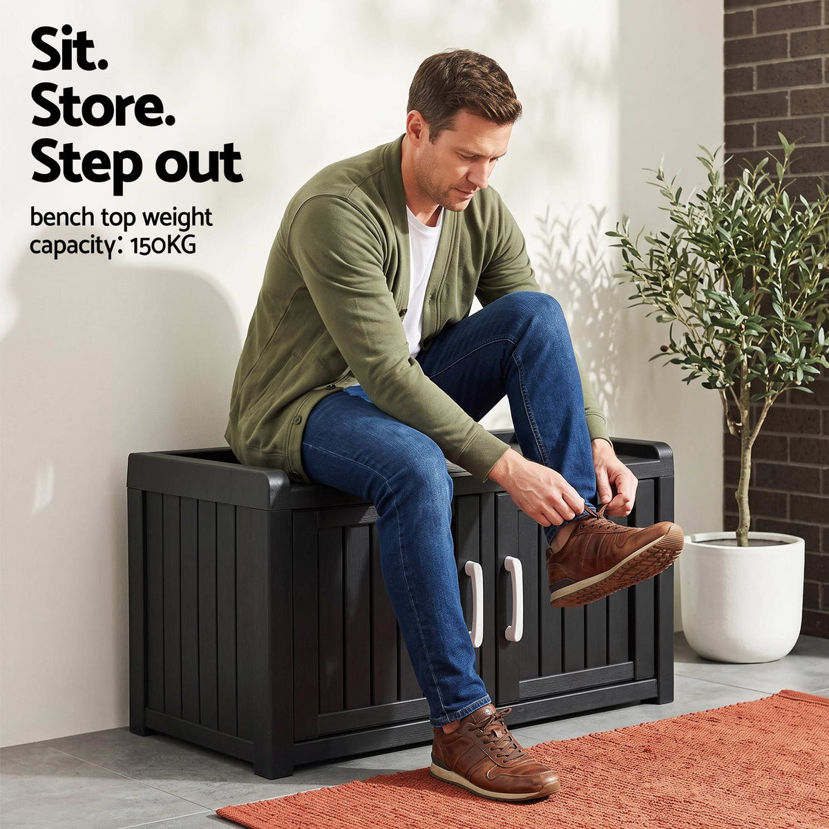 Outdoor Storage Bench with Double Door Shoe Cabinet and Shelf 81cm - Black