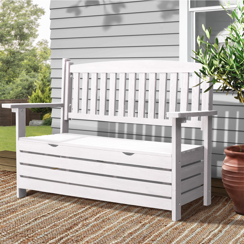 Outdoor Outdoor Storage Bench Box Wooden Garden Chair 2 Seat Timber Furniture White