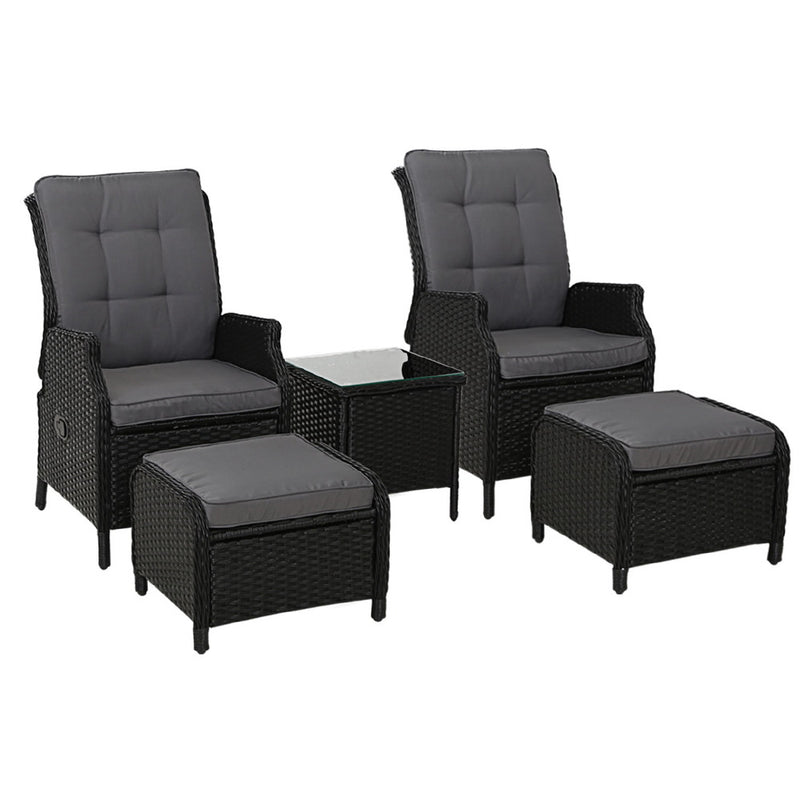 5 Piece Elizabeth Wicker Recliner Chairs and Table Package with Ottomans (Black)