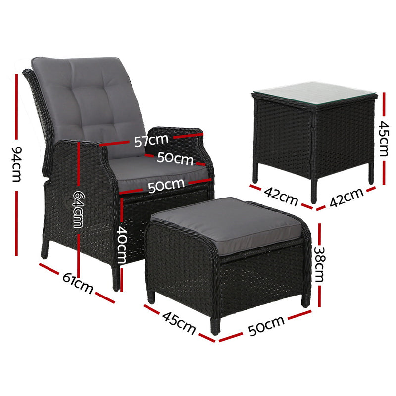 5 Piece Elizabeth Wicker Recliner Chairs and Table Package with Ottomans (Black)