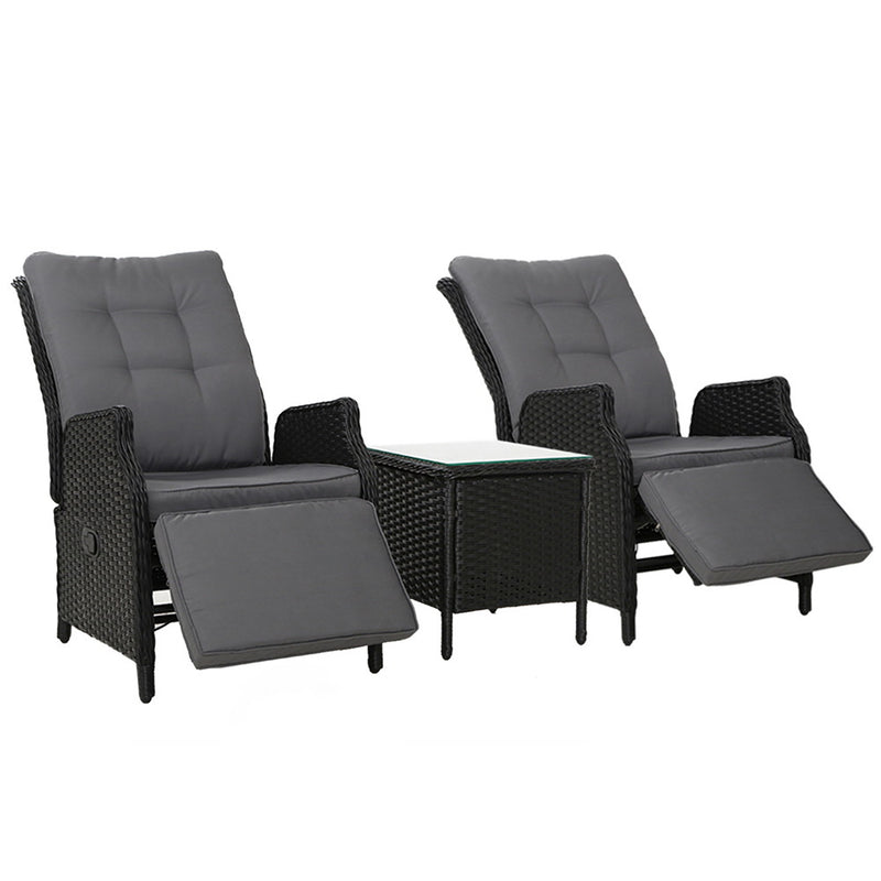 3 Piece Elizabeth Wicker Recliner Chairs with Table (Black)