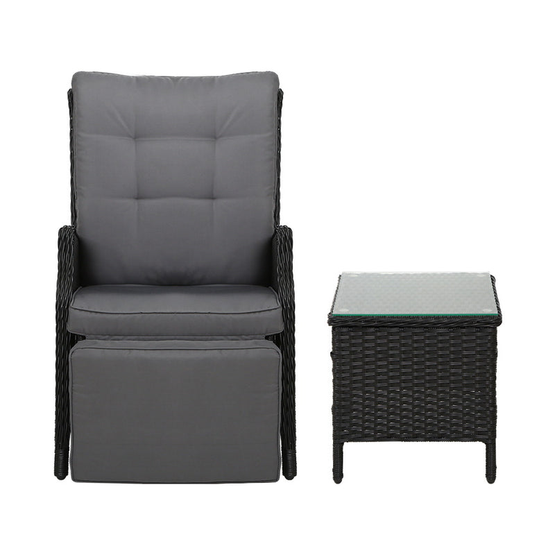 3 Piece Elizabeth Wicker Recliner Chairs with Table (Black)