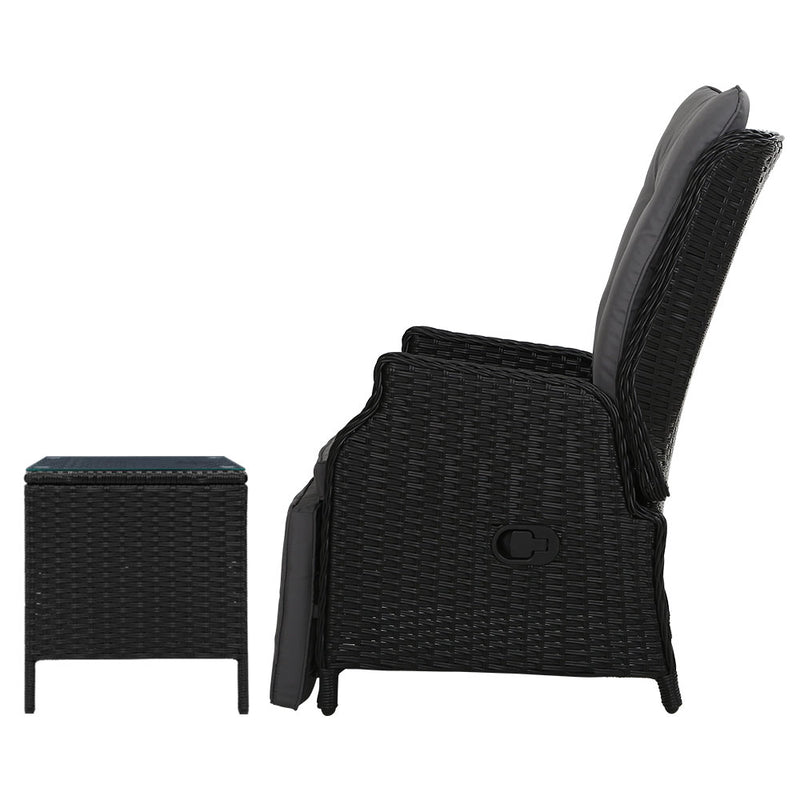 3 Piece Elizabeth Wicker Recliner Chairs with Table (Black)