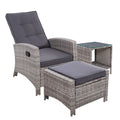 Outdoor Recliner Chair Set with Table & Ottoman - Grey
