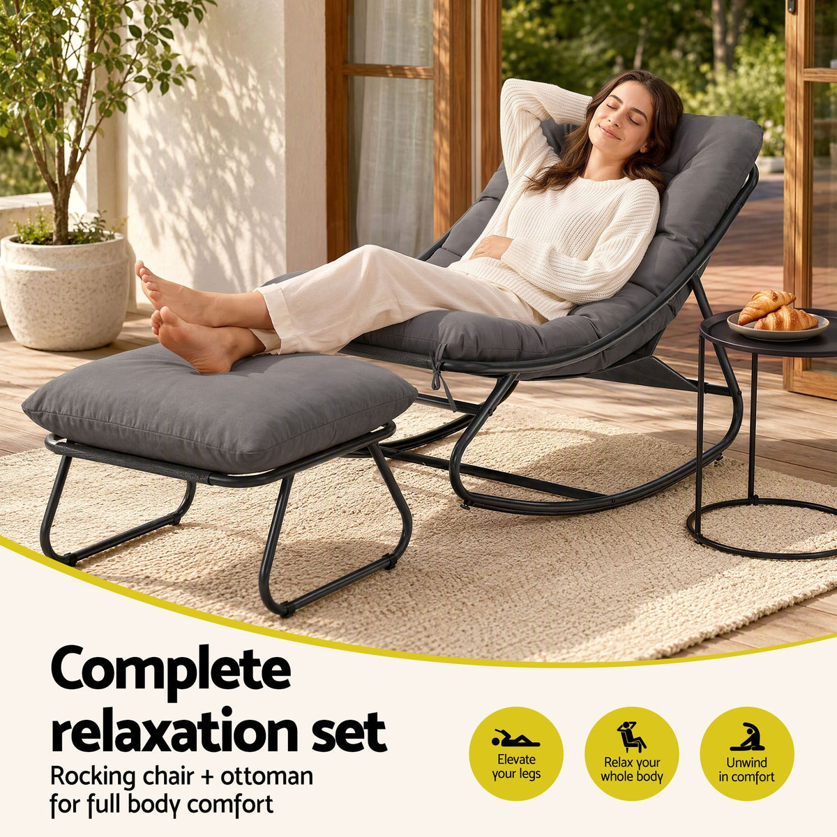 Rocking Chair with Footrest and Mesh Seat Cushion - Grey