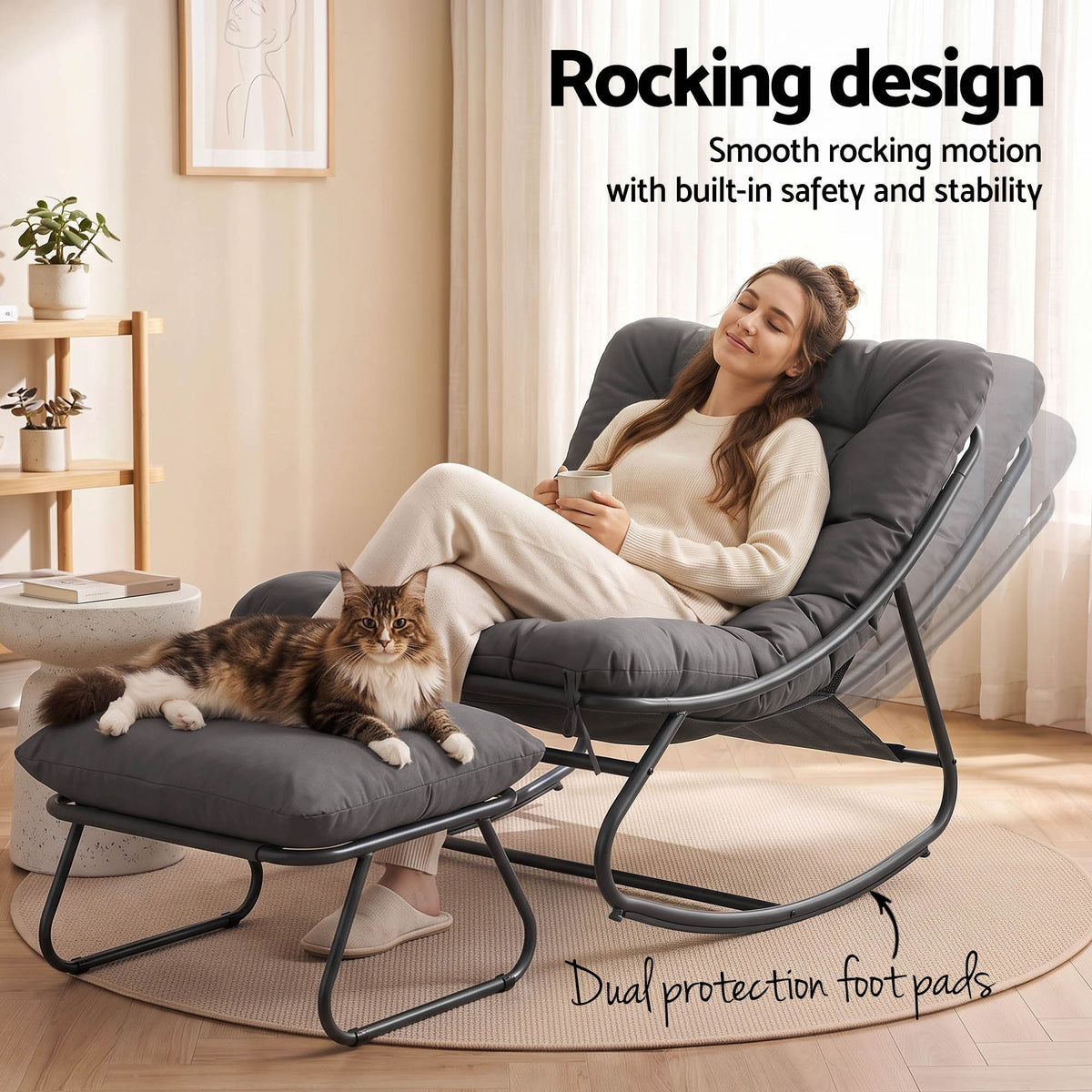 Rocking Chair with Footrest and Mesh Seat Cushion - Grey