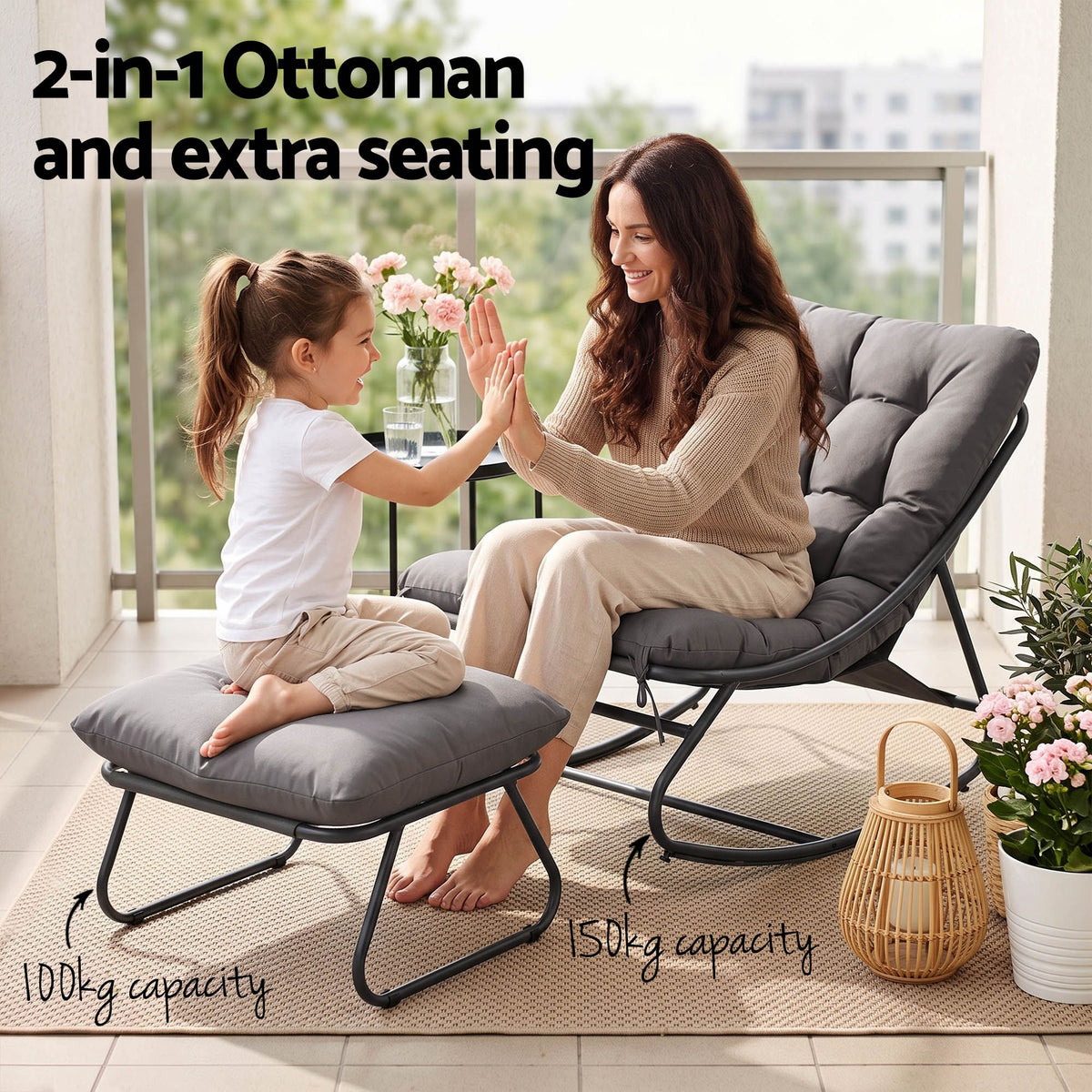 Rocking Chair with Footrest and Mesh Seat Cushion - Grey