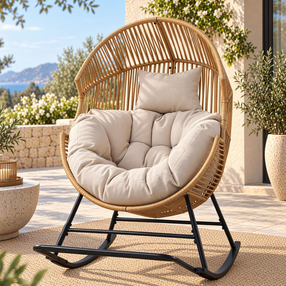 Outdoor Egg Rocking Chair Rattan Lounger with Thick Cushion - Natural