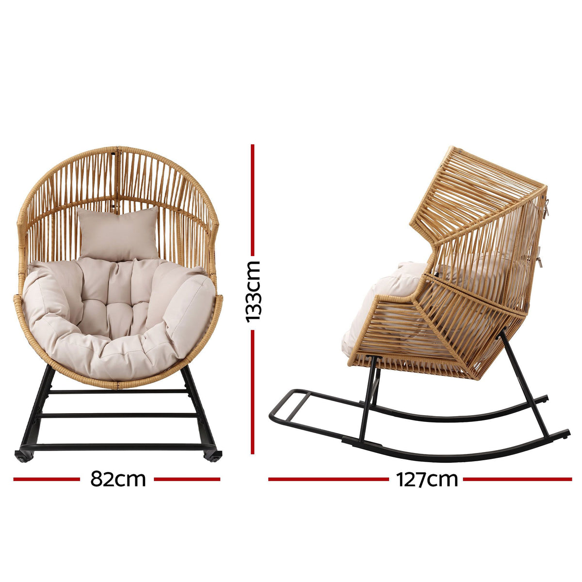 Outdoor Egg Rocking Chair Rattan Lounger with Thick Cushion - Natural