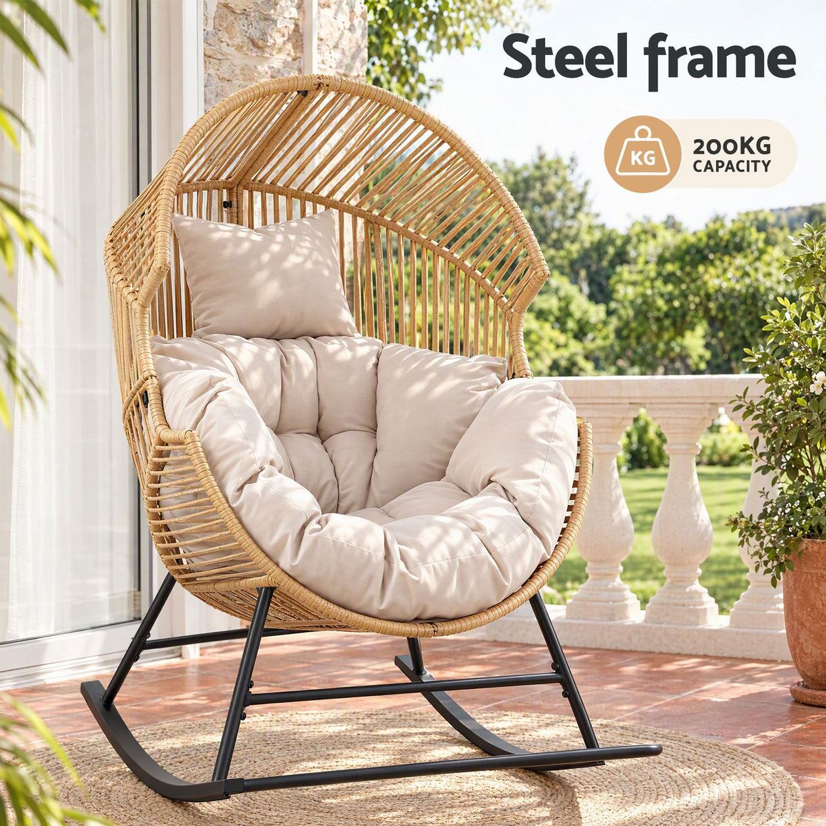 Outdoor Egg Rocking Chair Rattan Lounger with Thick Cushion - Natural