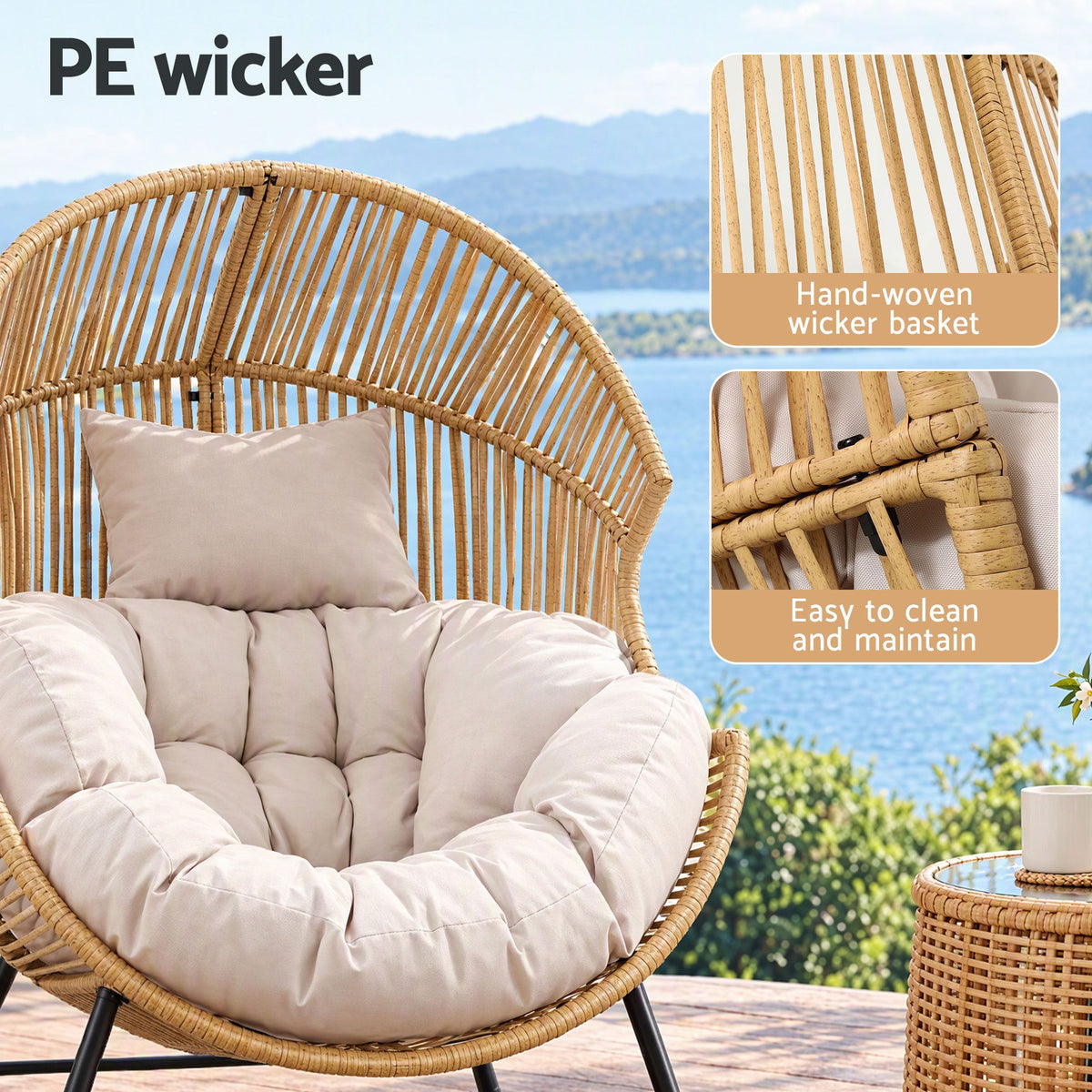 Outdoor Egg Rocking Chair Rattan Lounger with Thick Cushion - Natural