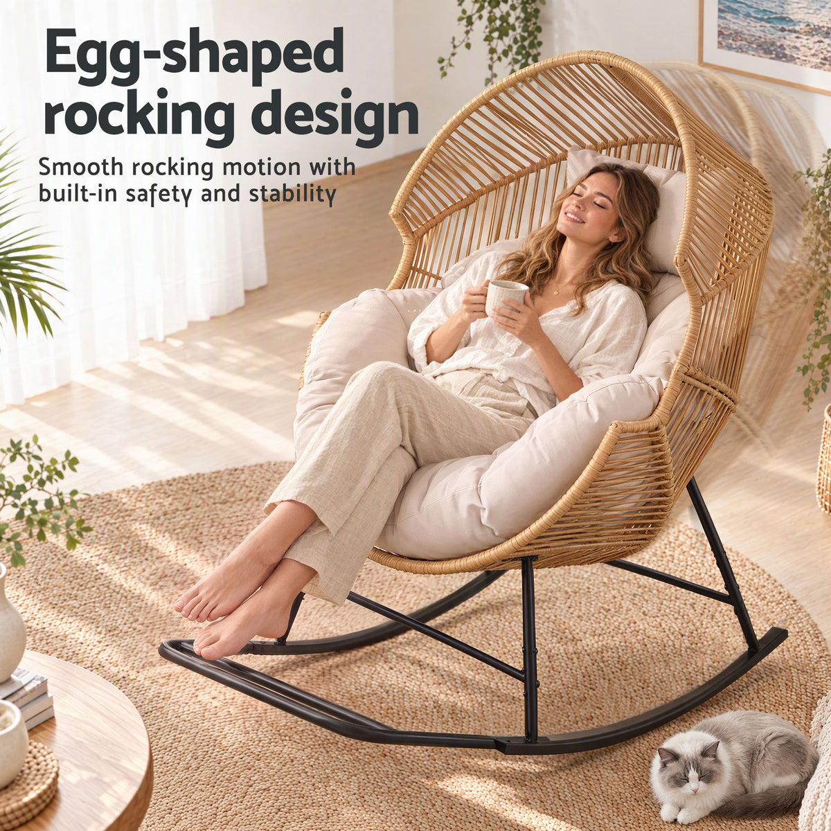 Outdoor Egg Rocking Chair Rattan Lounger with Thick Cushion - Natural