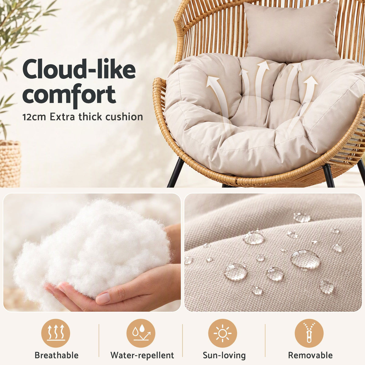 Outdoor Egg Rocking Chair Rattan Lounger with Thick Cushion - Natural