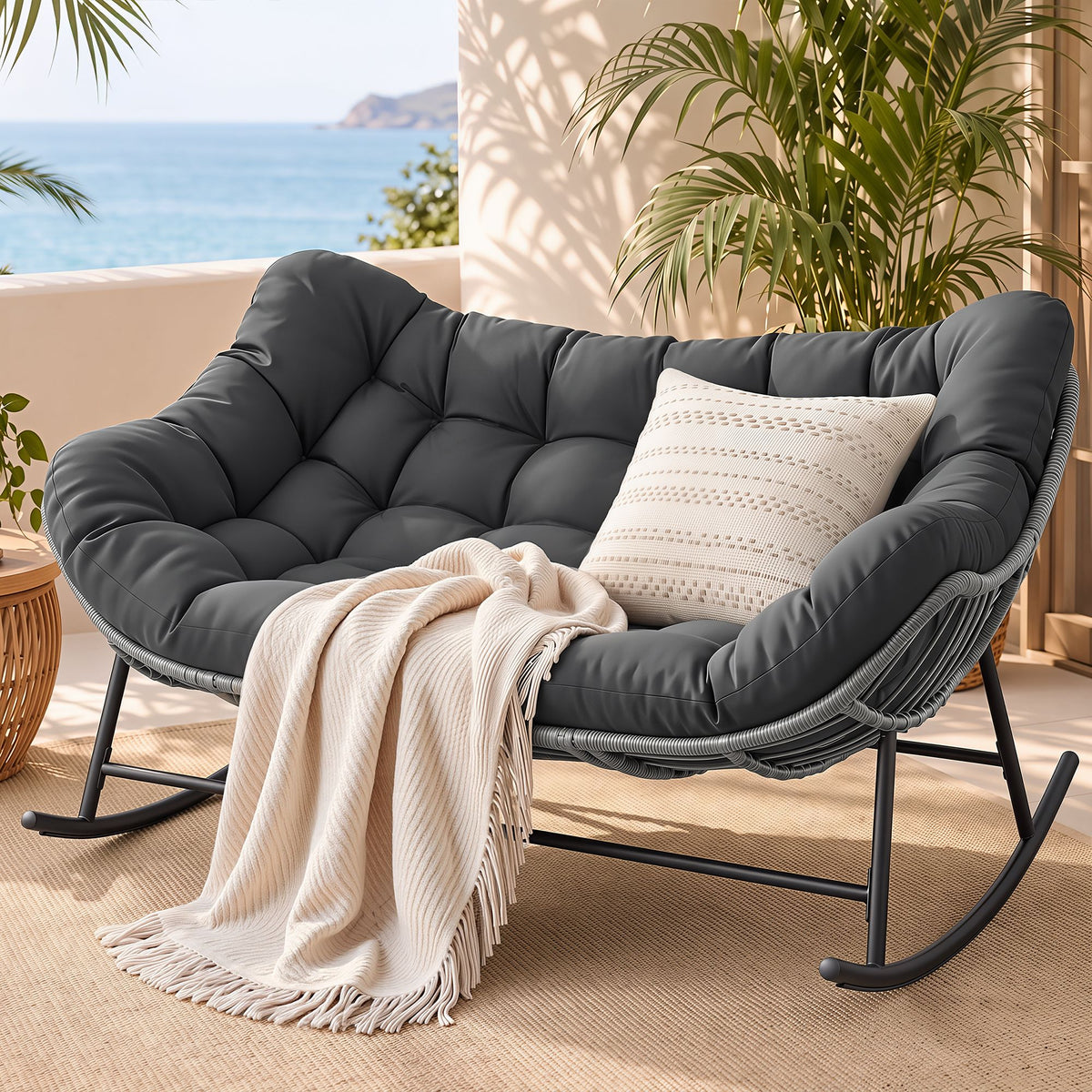 Outdoor Rocking Wicker Loveseat with Cushion 2 Seater Patio Furniture - Grey
