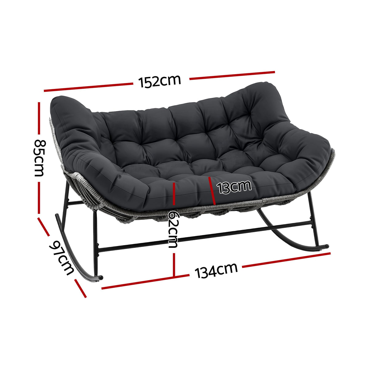 Outdoor Rocking Wicker Loveseat with Cushion 2 Seater Patio Furniture - Grey