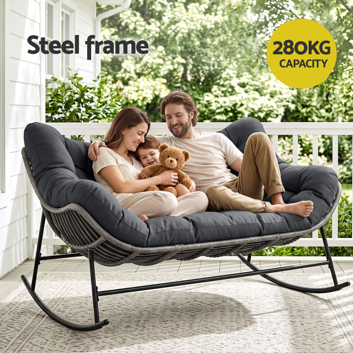 Outdoor Rocking Wicker Loveseat with Cushion 2 Seater Patio Furniture - Grey