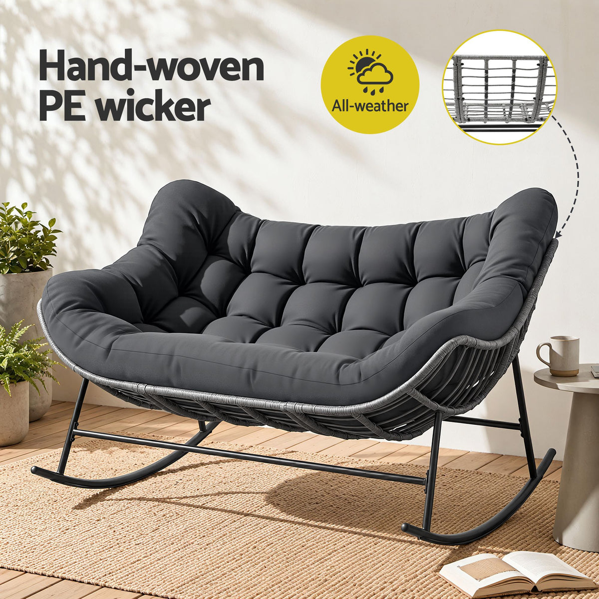 Outdoor Rocking Wicker Loveseat with Cushion 2 Seater Patio Furniture - Grey