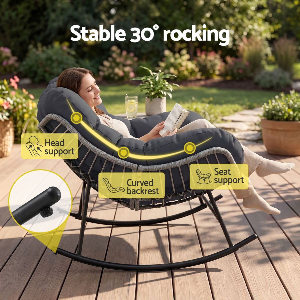 Outdoor Rocking Wicker Loveseat with Cushion 2 Seater Patio Furniture - Grey