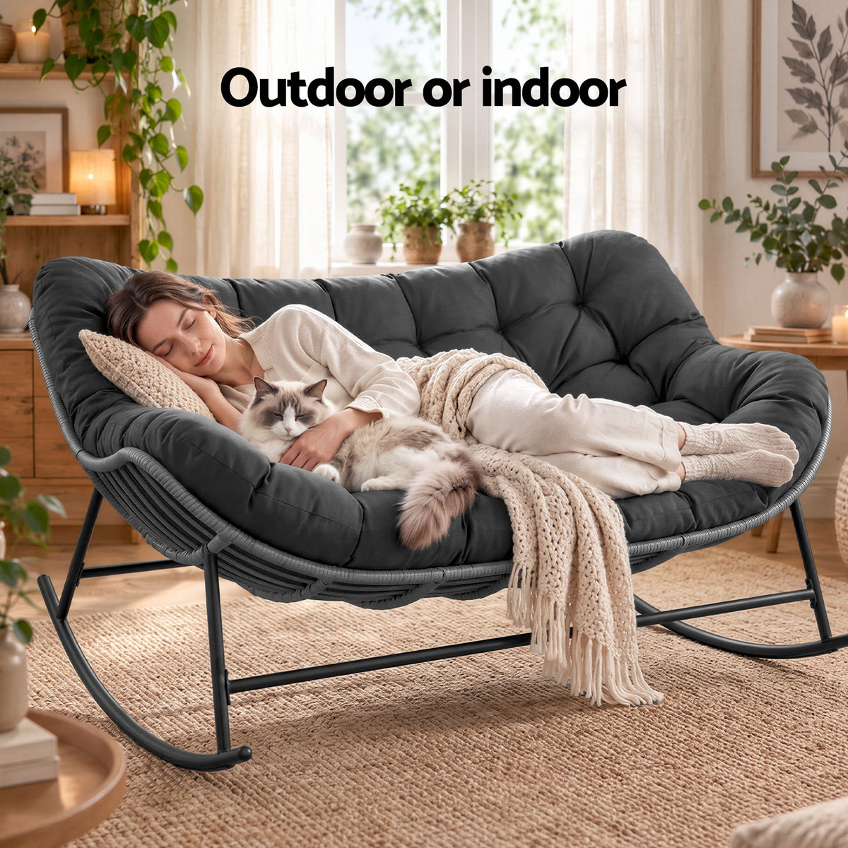 Outdoor Rocking Wicker Loveseat with Cushion 2 Seater Patio Furniture - Grey