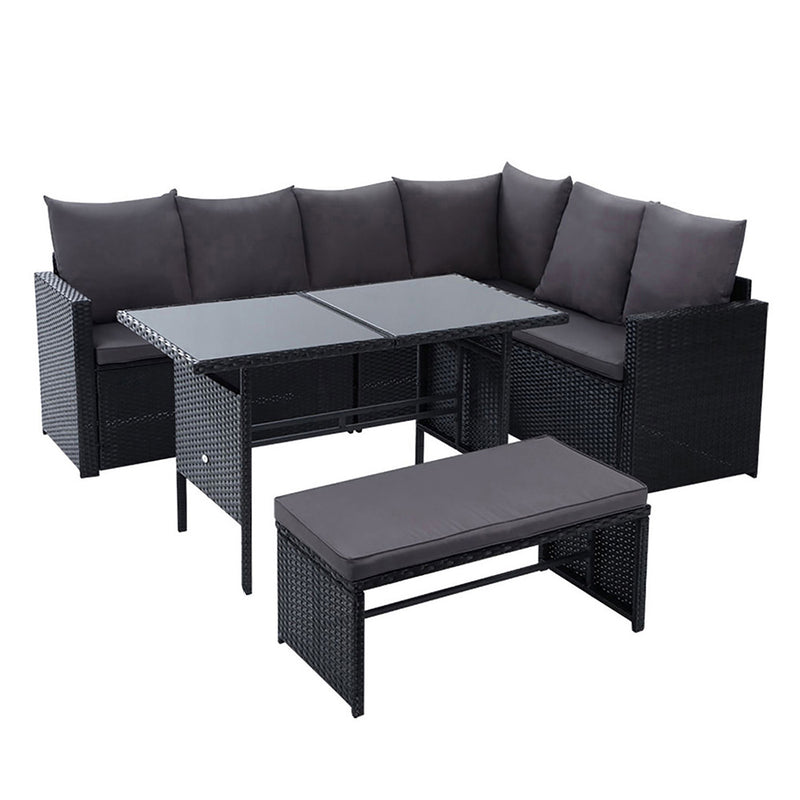 8 Seat Wicker Outdoor Lounge Setting with Storage Cover - Black