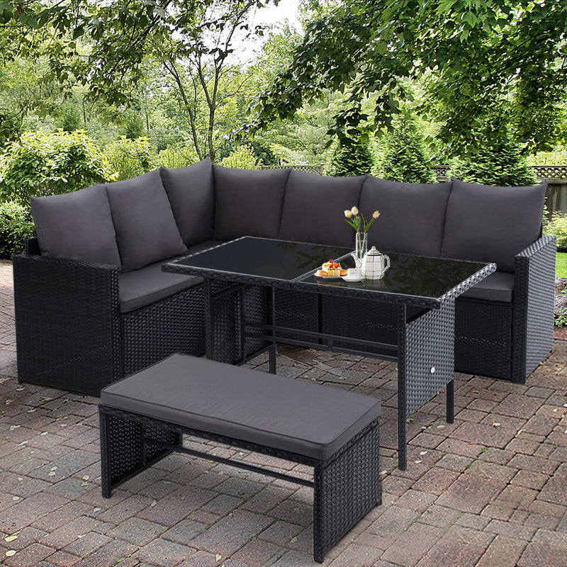 8 Seat Wicker Outdoor Lounge Setting with Storage Cover - Black