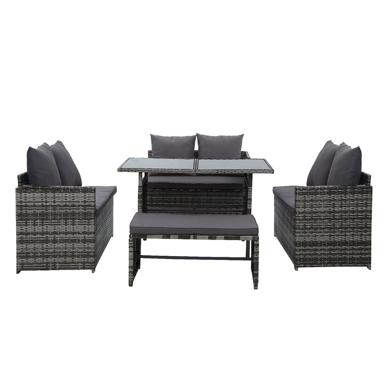 8 Seat Wicker Outdoor Lounge Setting with Storage Cover - Mixed Grey