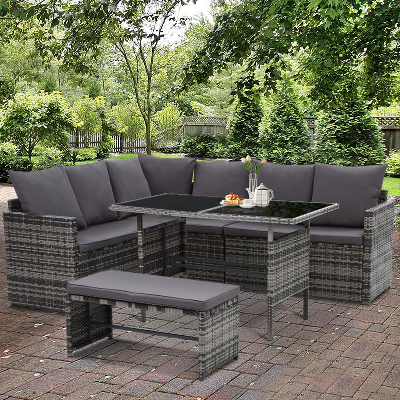 8 Seat Wicker Outdoor Lounge Setting with Storage Cover - Mixed Grey