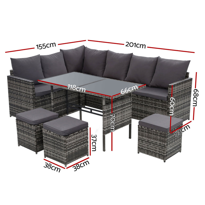 9 Seat Wicker Outdoor Lounge Setting with Storage Cover - Mixed Grey