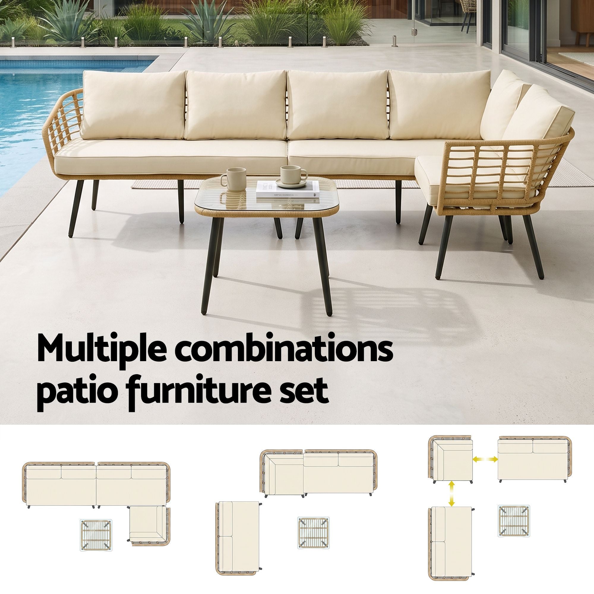 4-Piece 5-Seater Modular Outdoor Rattan Sofa Set with Cushions - Beige