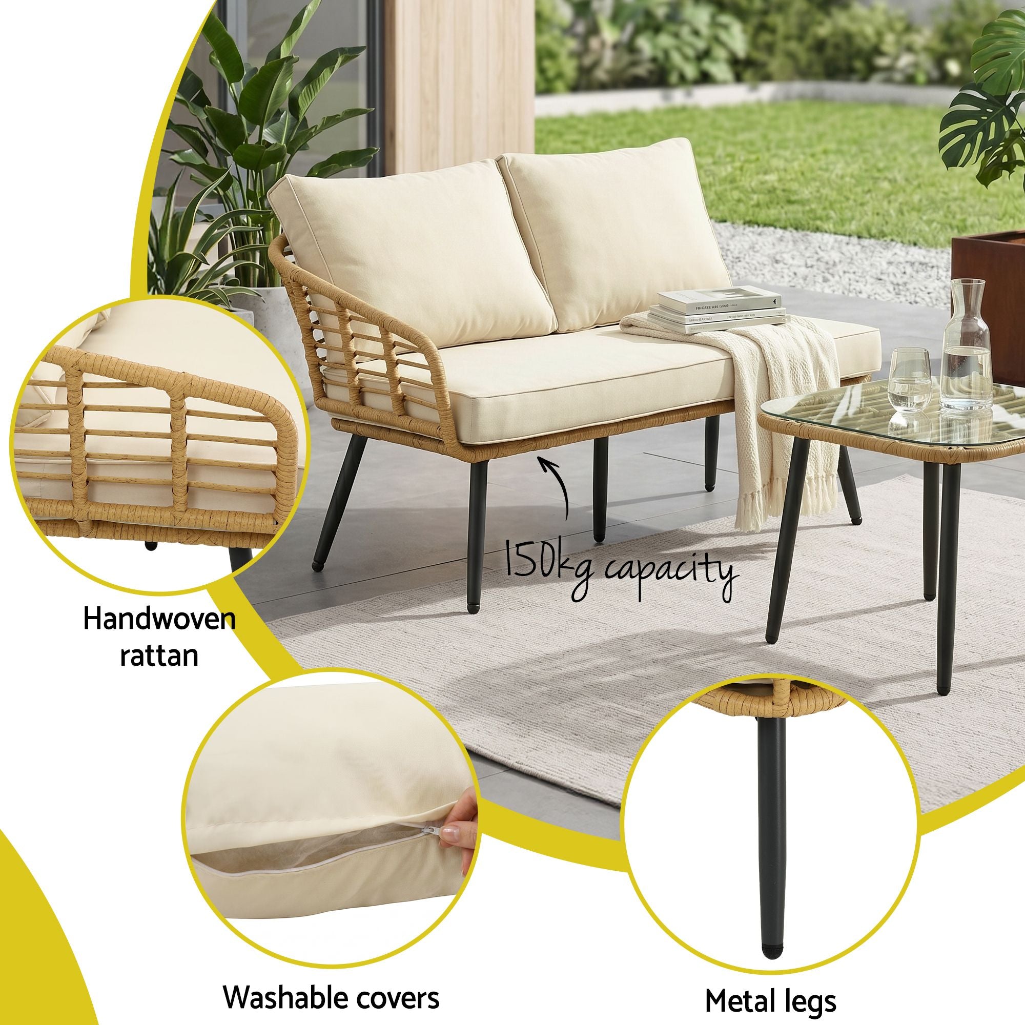 4-Piece 5-Seater Modular Outdoor Rattan Sofa Set with Cushions - Beige