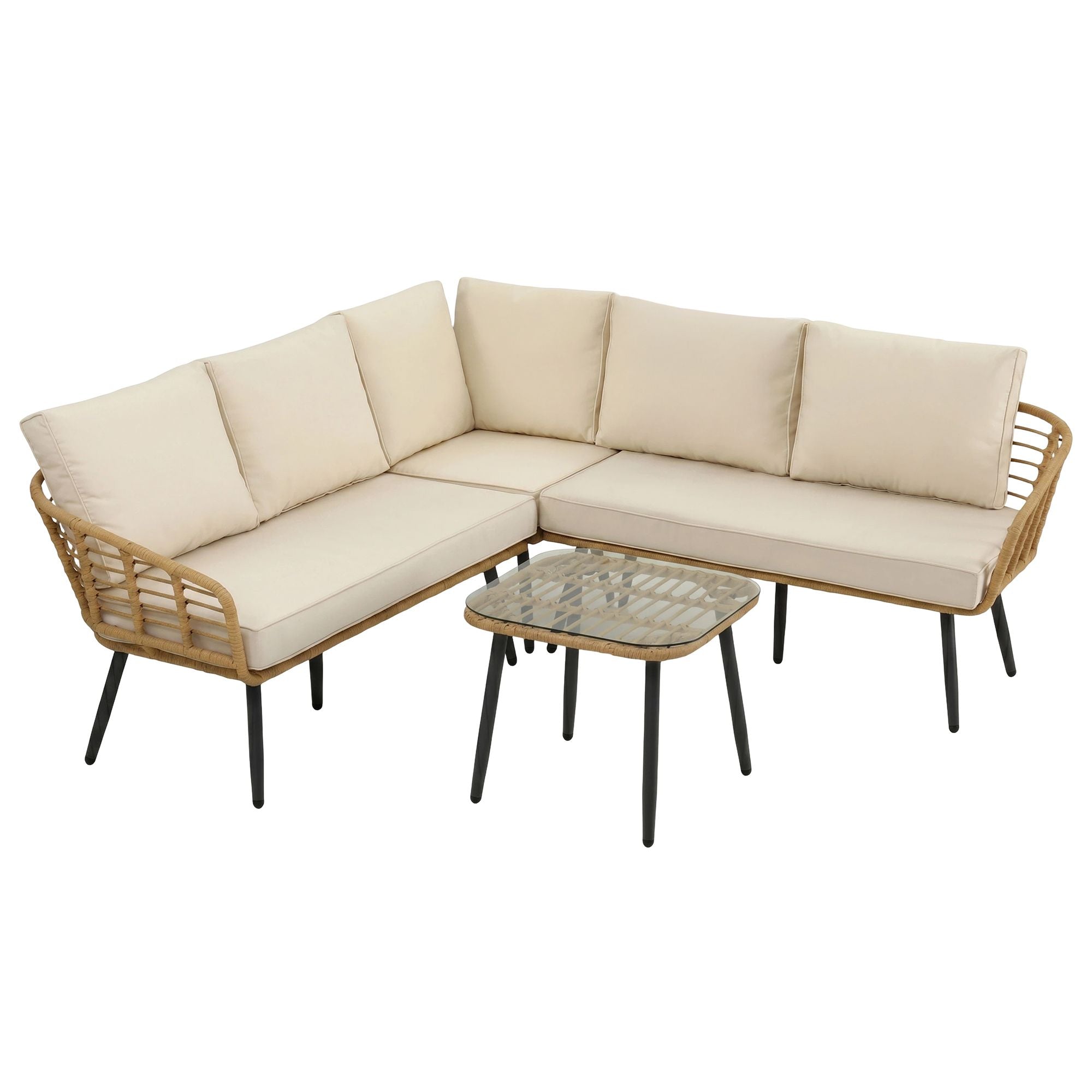4-Piece 5-Seater Modular Outdoor Rattan Sofa Set with Cushions - Beige