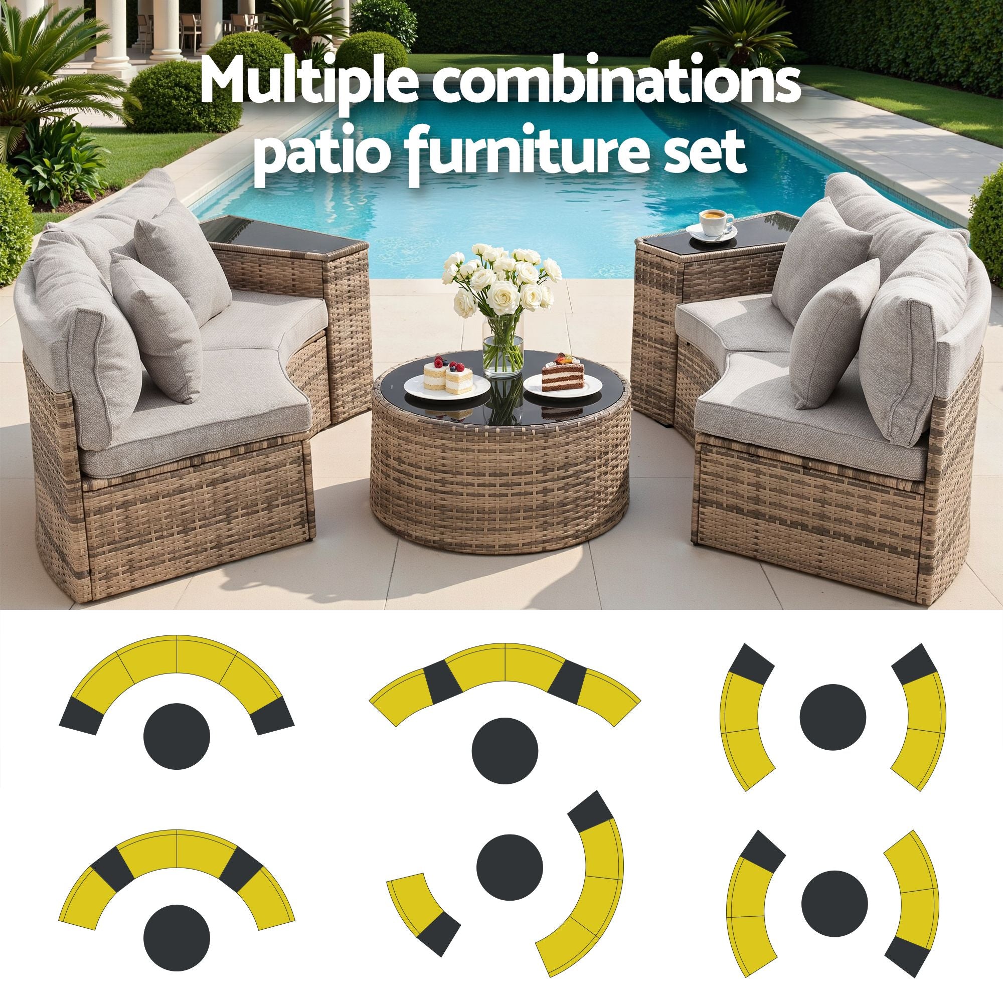 4 Seater 7PCS Outdoor Rattan Sofa Set with Table and Chairs - Brown