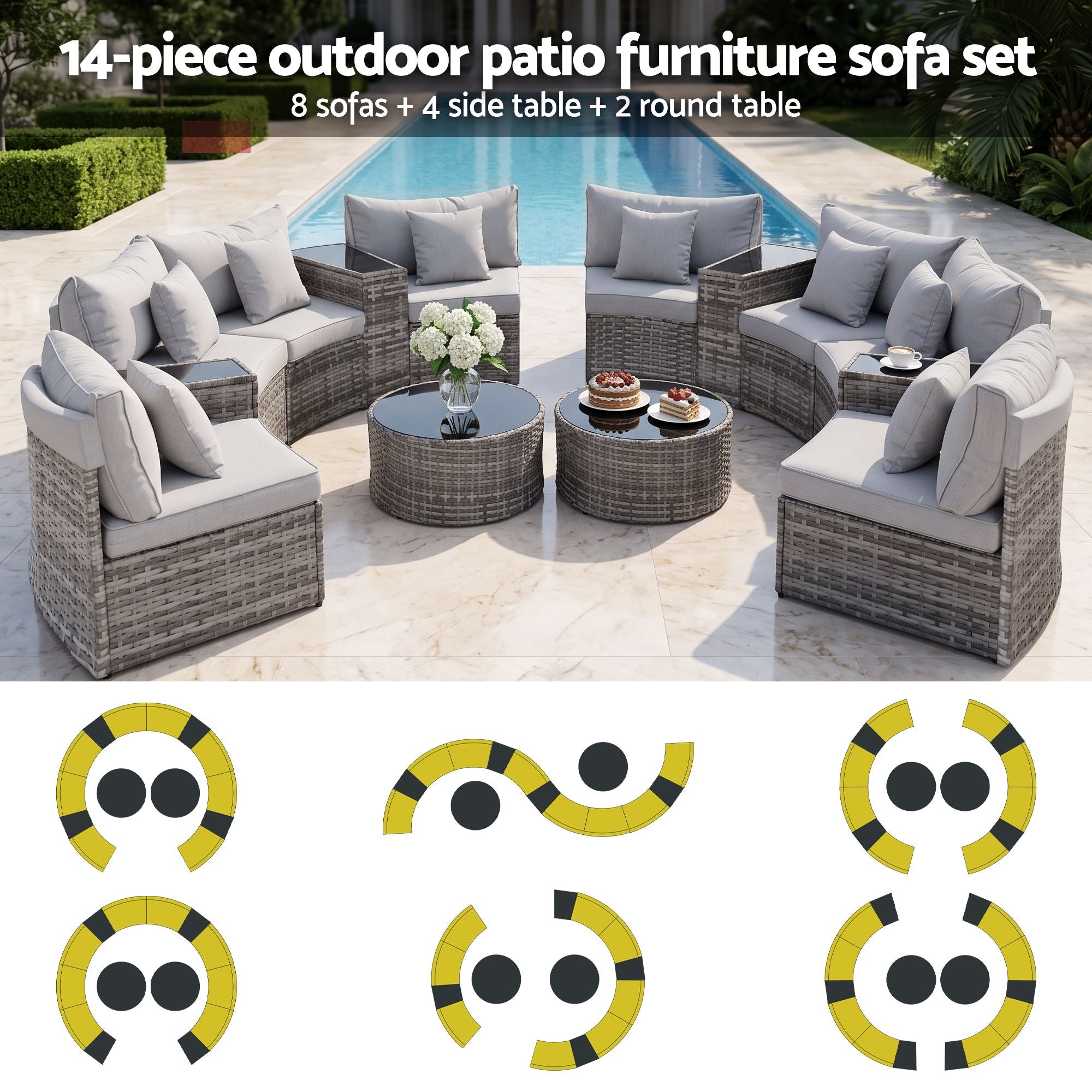 8 Seater Outdoor Sofa Set 14PCS Table Chair Set Rattan Patio Furniture