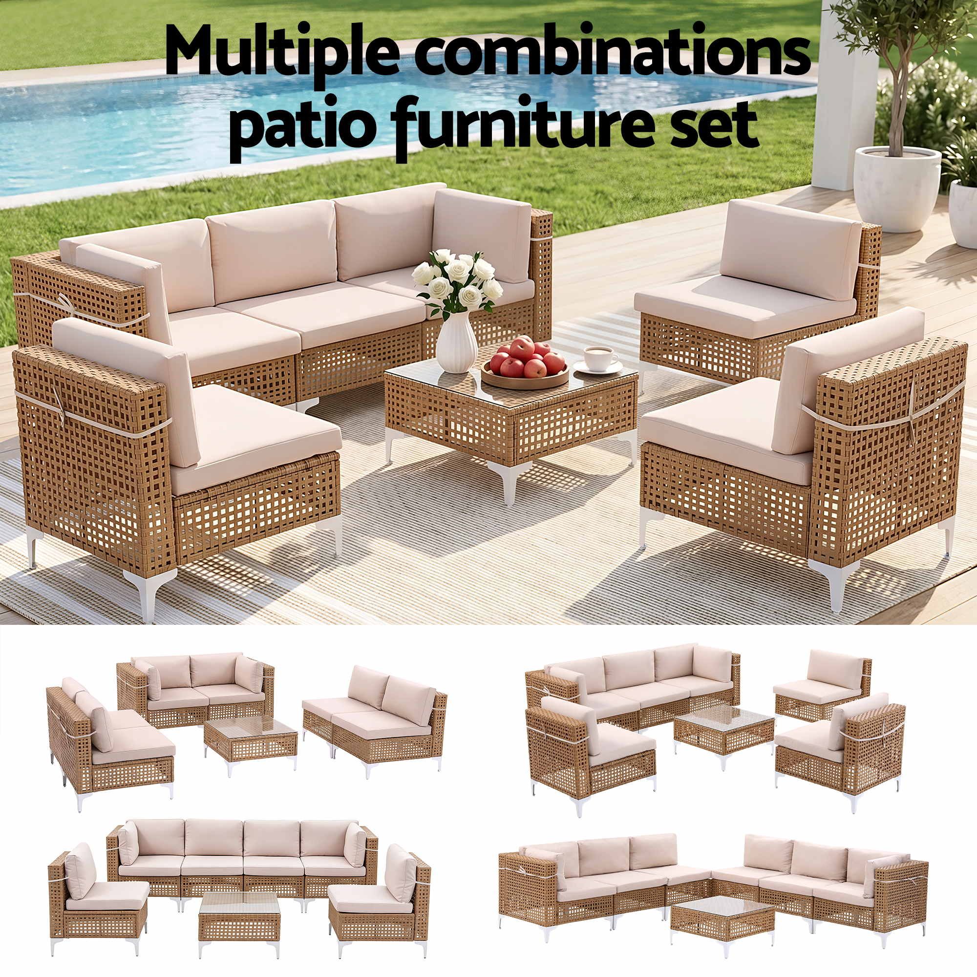 6 Seater Outdoor Sofa Set 7PCS Table Chair Set Garden Rattan Patio Furniture