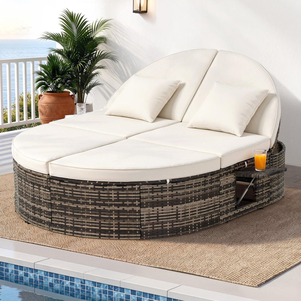 Outdoor Day Bed Sun Lounge with Retractable Side Tray - Beige