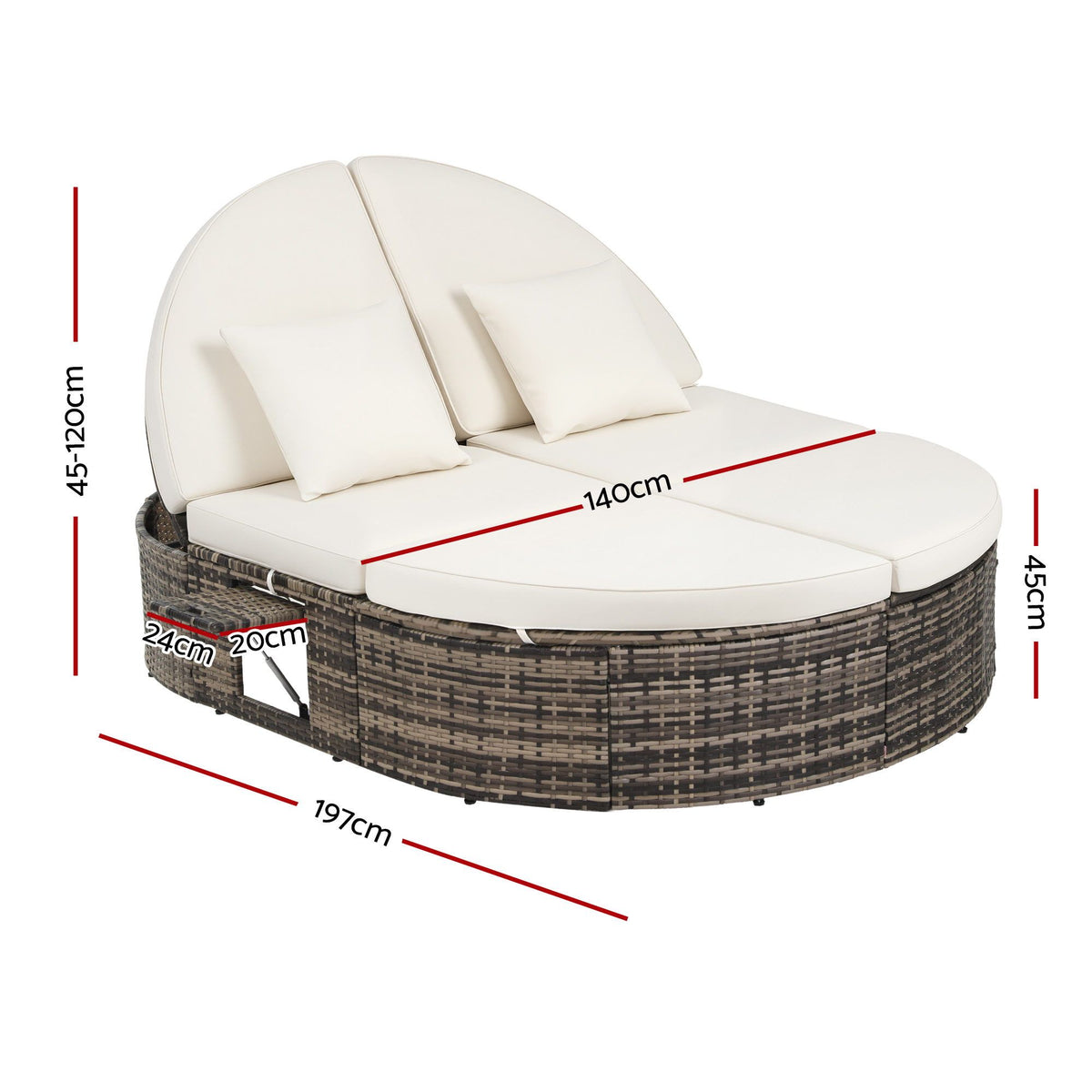 Outdoor Day Bed Sun Lounge with Retractable Side Tray - Beige