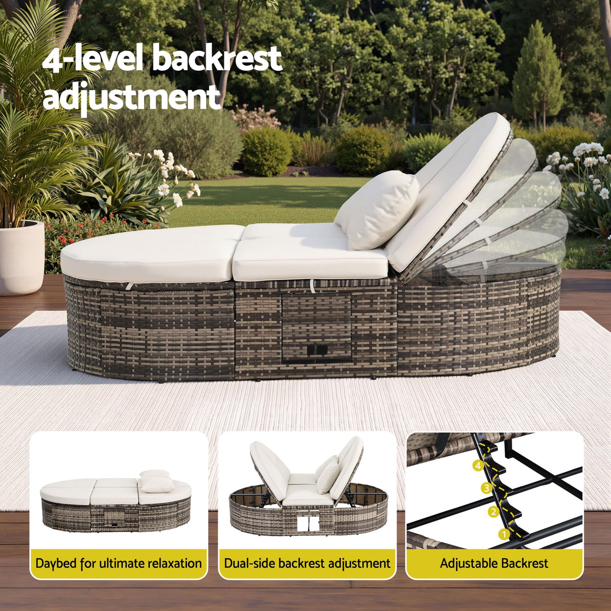 Outdoor Day Bed Sun Lounge with Retractable Side Tray - Beige