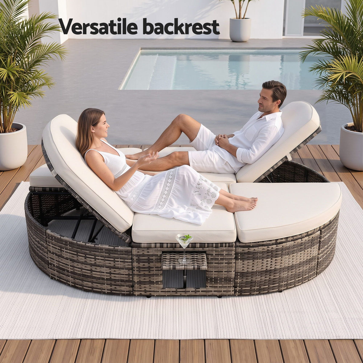 Outdoor Day Bed Sun Lounge with Retractable Side Tray - Beige