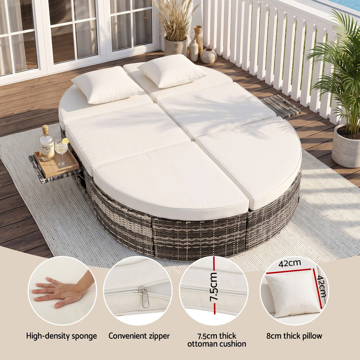 Outdoor Day Bed Sun Lounge with Retractable Side Tray - Beige
