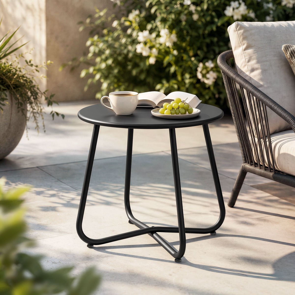 Outdoor Side Table with Steel Frame for Patio Balcony Garden - Black