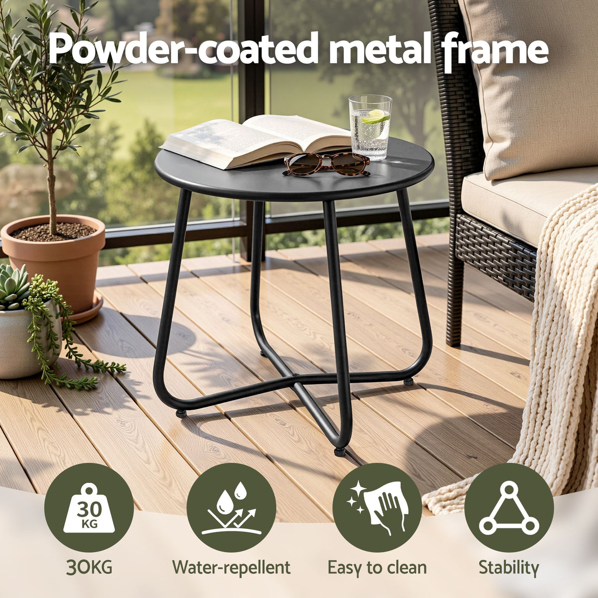 Outdoor Side Table with Steel Frame for Patio Balcony Garden - Black