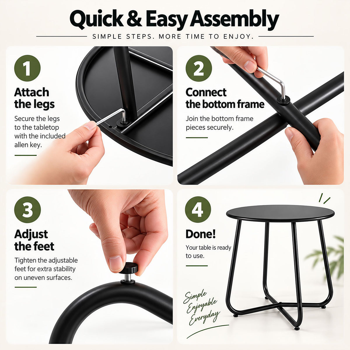 Outdoor Side Table with Steel Frame for Patio Balcony Garden - Black