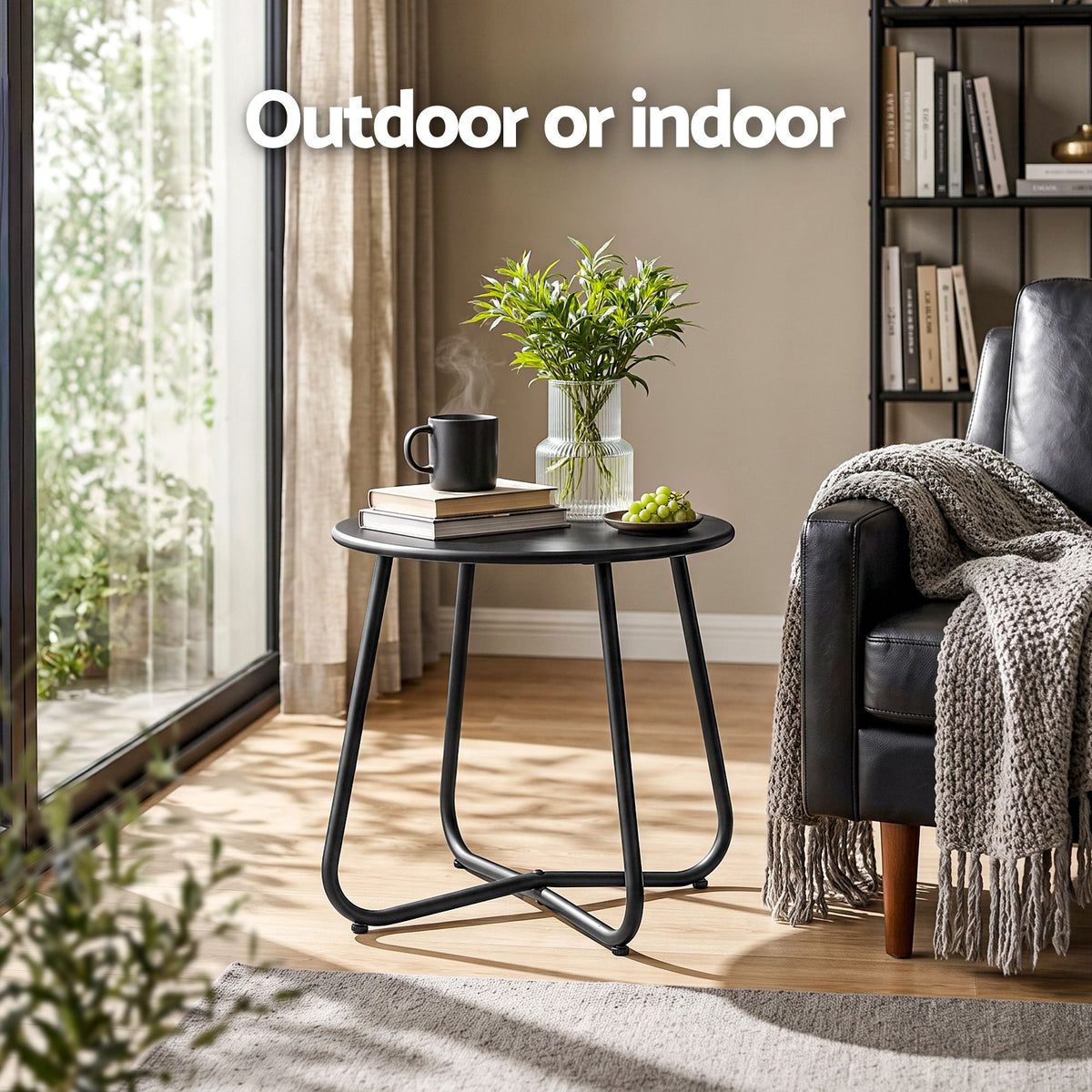 Outdoor Side Table with Steel Frame for Patio Balcony Garden - Black