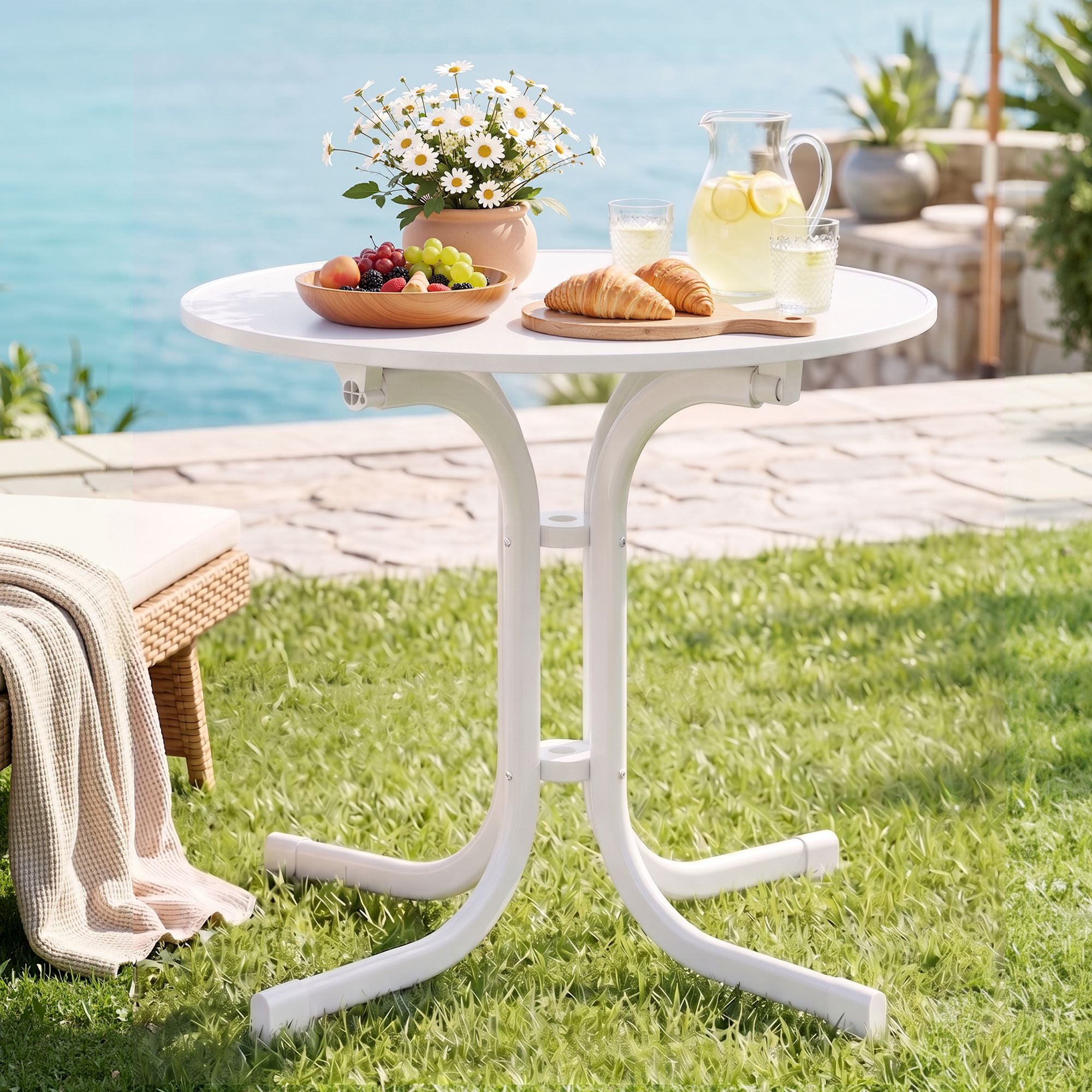 80cm Folding Outdoor Round Bistro Side Table with Steel Frame - White