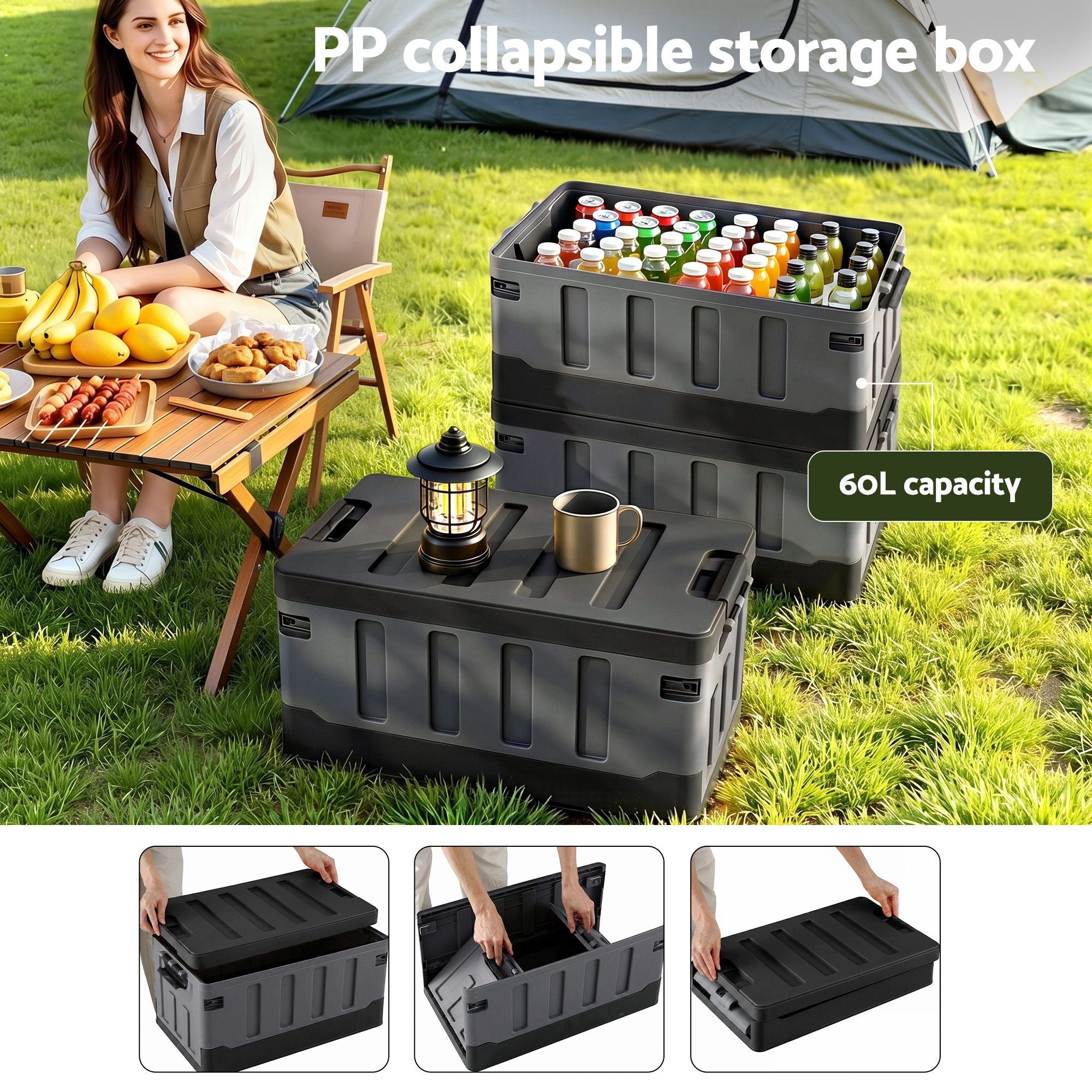 60L Collapsible Stackable Outdoor Storage Box Folding Camping Organizer - Black