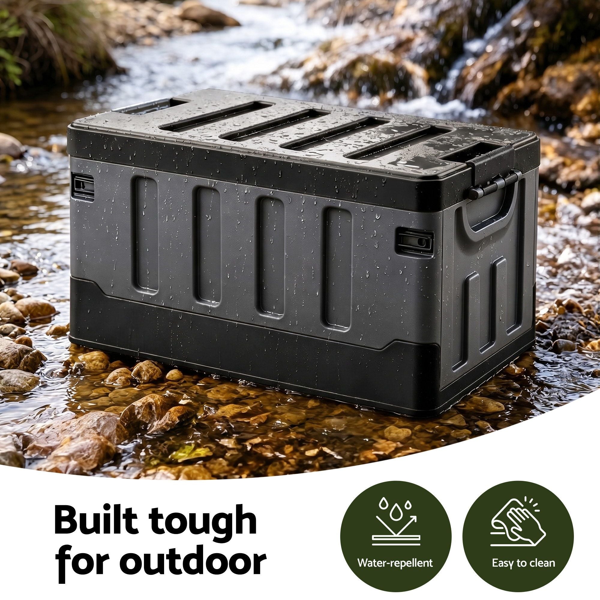 60L Collapsible Stackable Outdoor Storage Box Folding Camping Organizer - Black