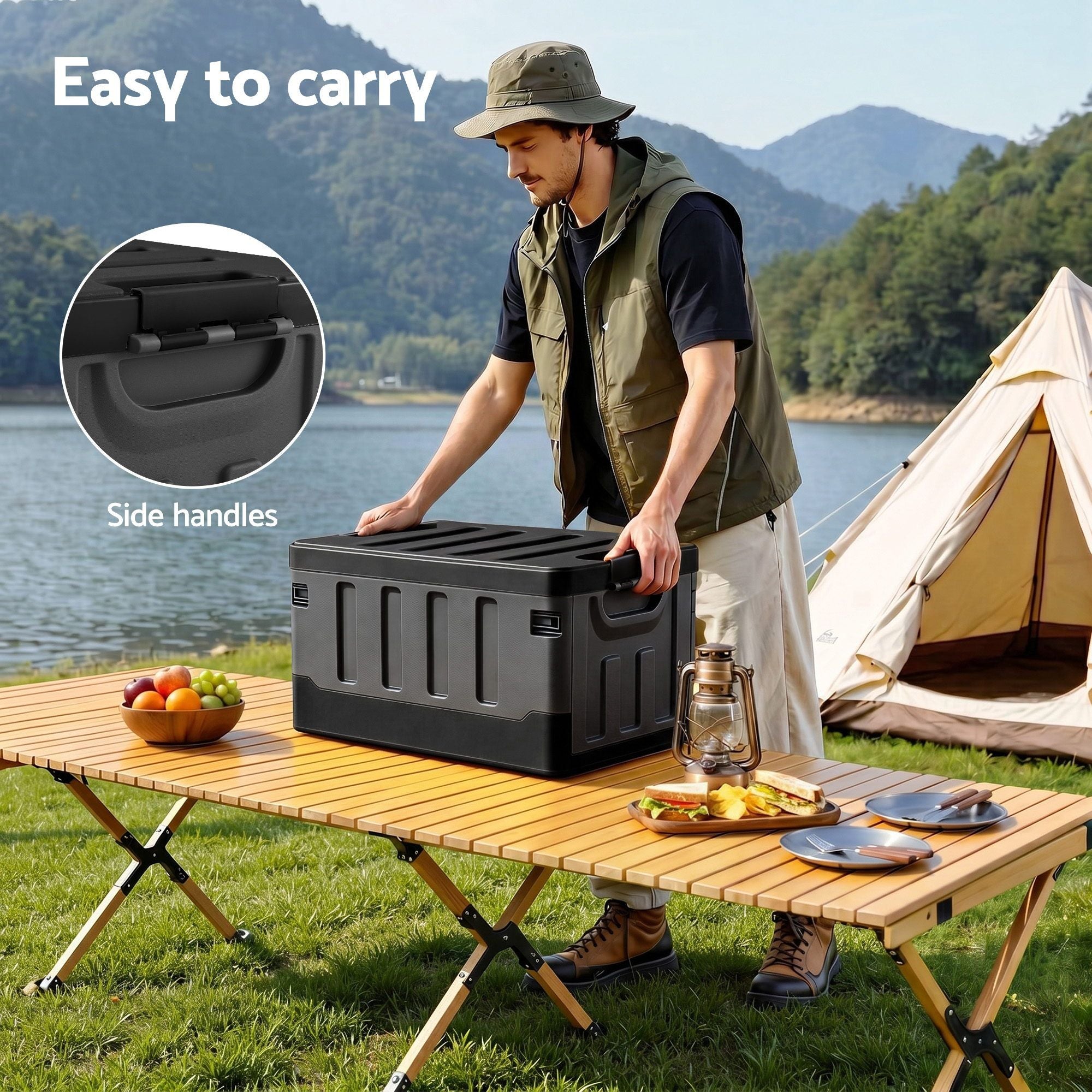60L Collapsible Stackable Outdoor Storage Box Folding Camping Organizer - Black