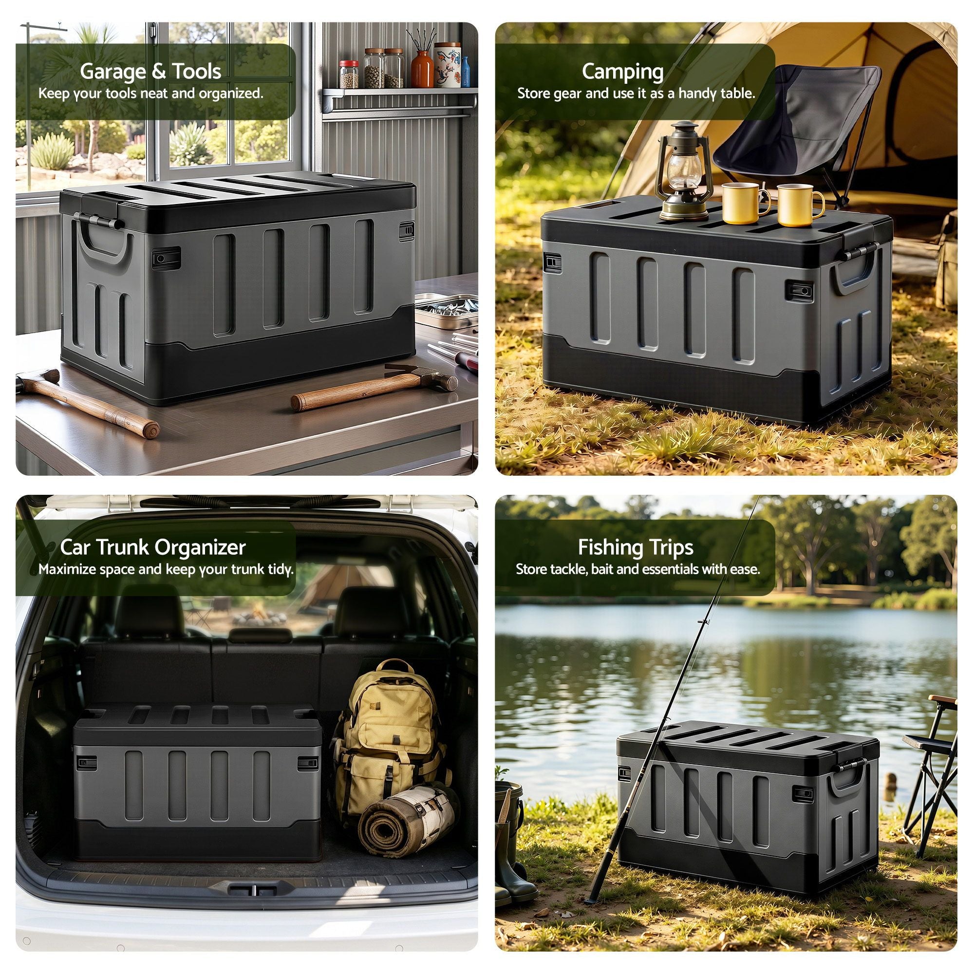 60L Collapsible Stackable Outdoor Storage Box Folding Camping Organizer - Black